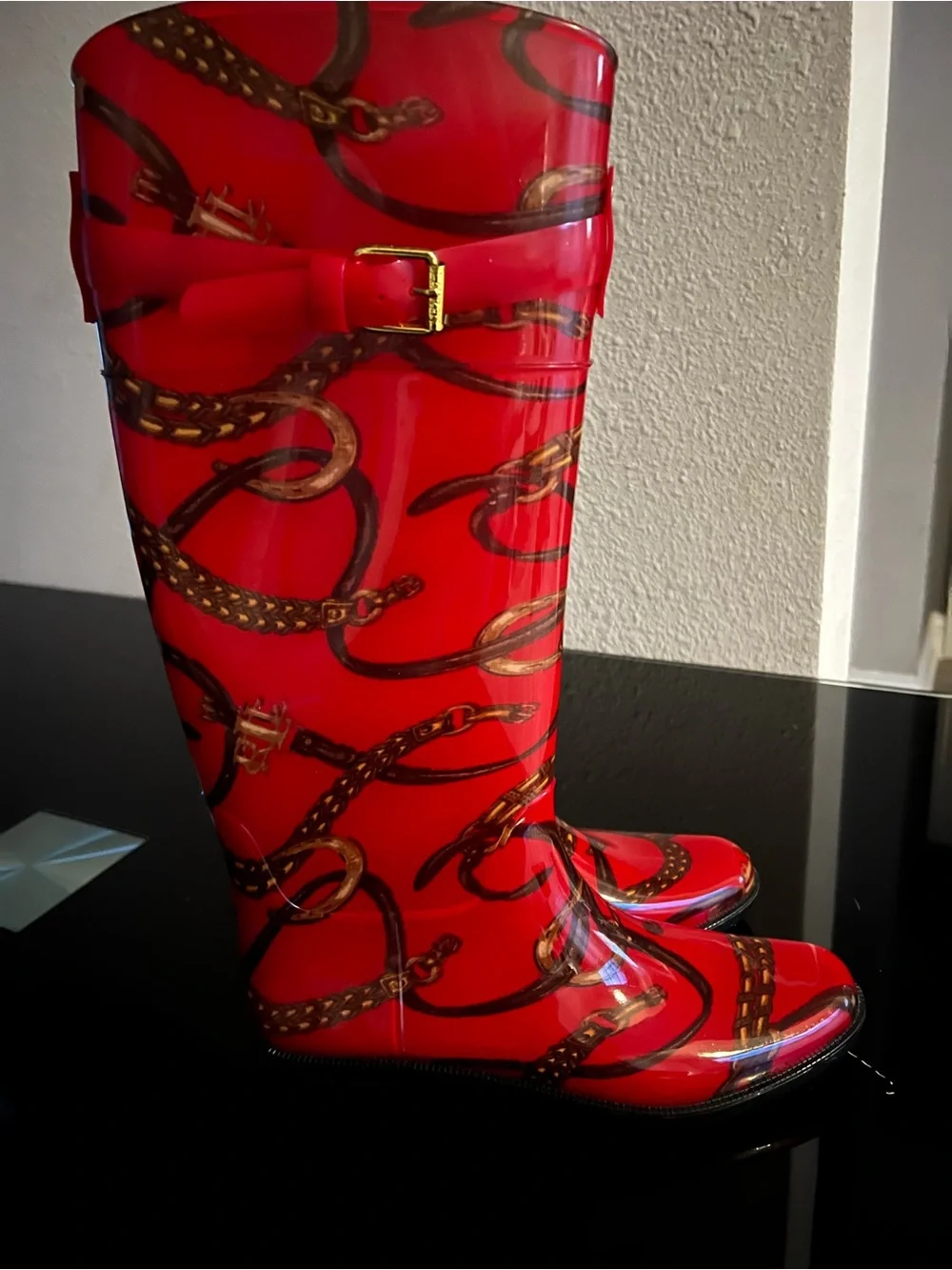 Lauren Ralph Lauren Red Patterned Gloss Rain Boots with Buckle Accent